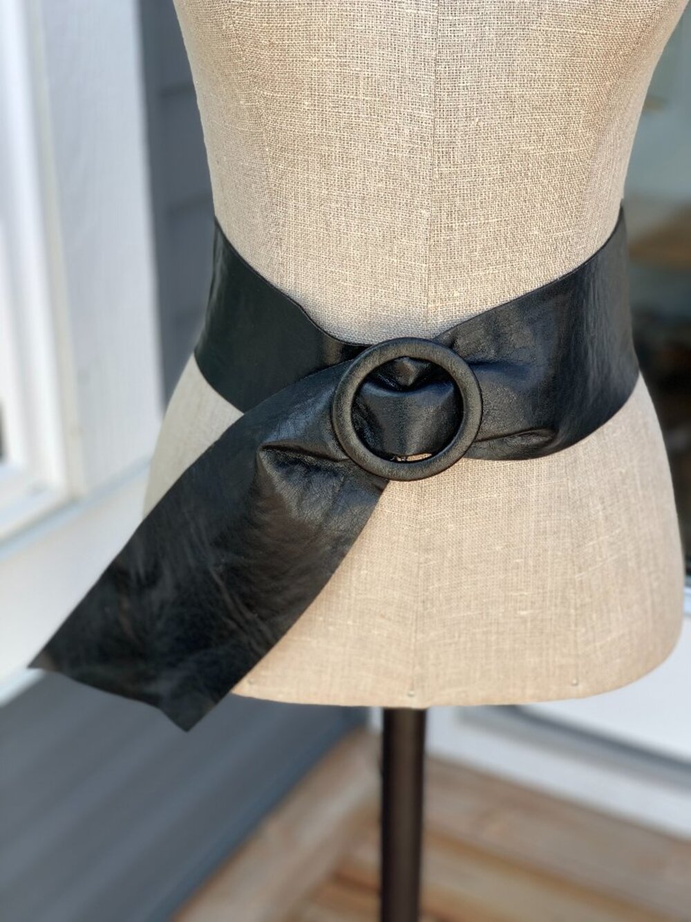 Vintage 70s Wide Statement Cinch Waist Belt Black Faux Leather Boho Chic Retro